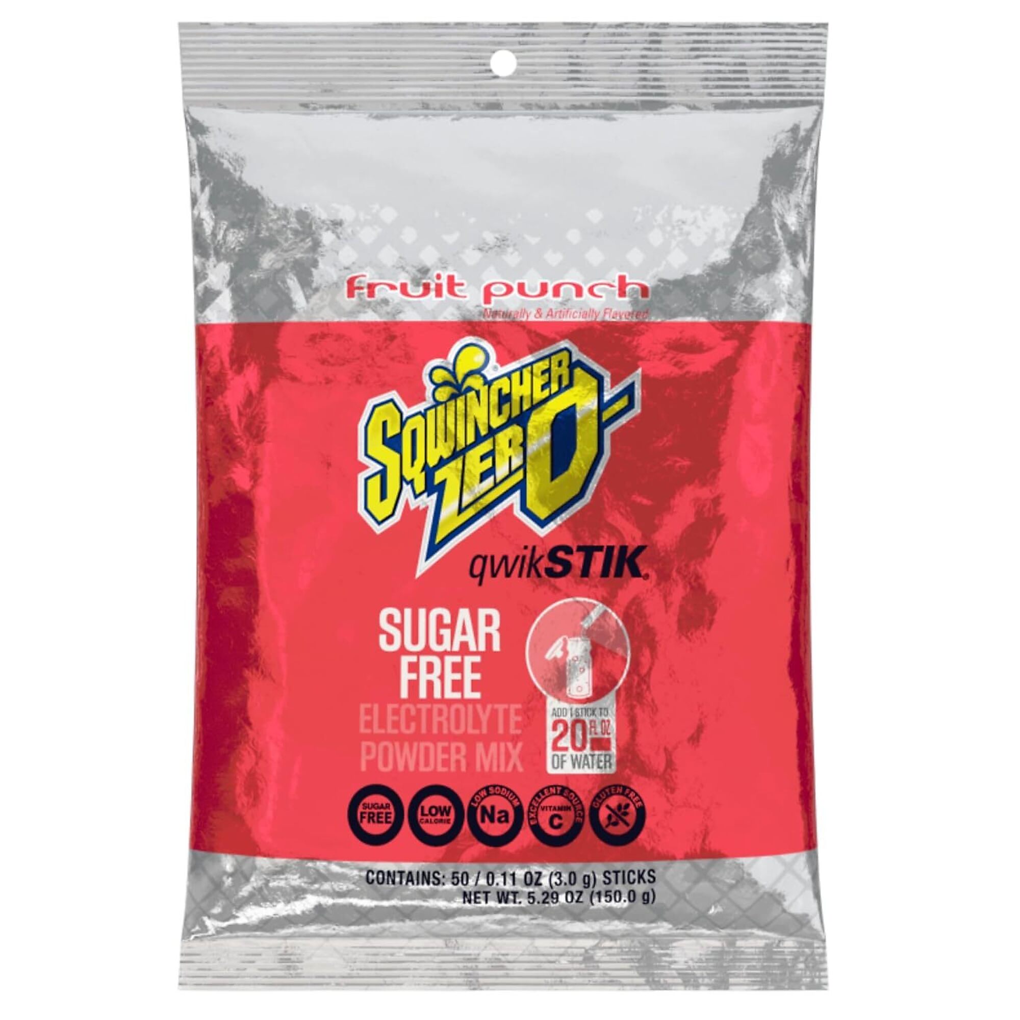 Sqwincher Zero Qwik Stik Sugar Free Electrolyte Powder Packets, Fruit Punch, 0.11 oz, Makes 20 oz, 50 Count